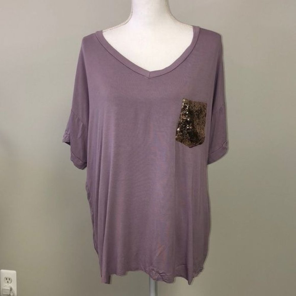 e.Luna Women’s Lavender Purple Short Sleeve Top w/Gold Sequin Bling Pock…